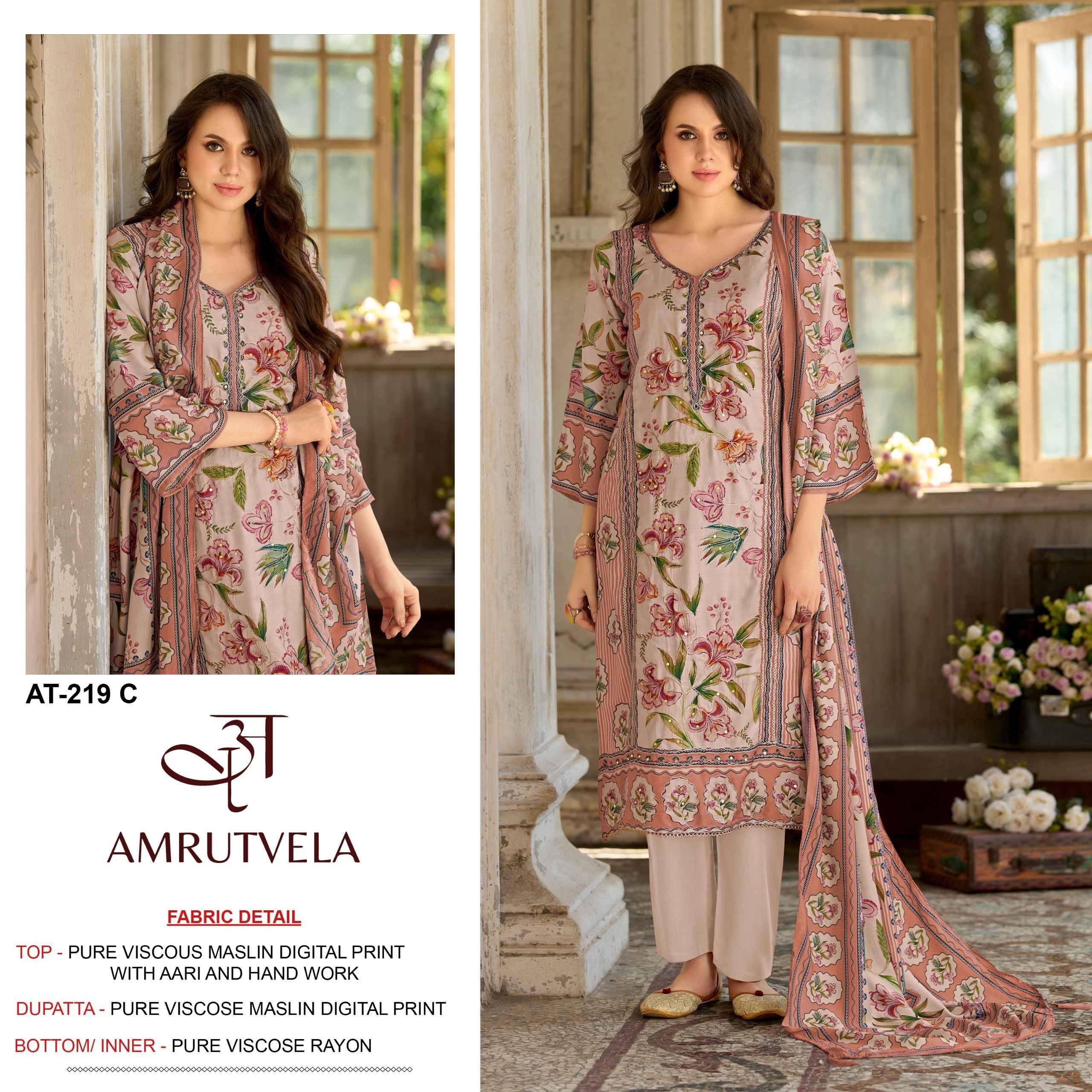AT219 By AMRUTVELA  Pakistani Stylish Beautiful Colourful Printed & Embroidered Party Wear & Occasional Wear Pure viscous Maslin Dresses At Wholesale Price